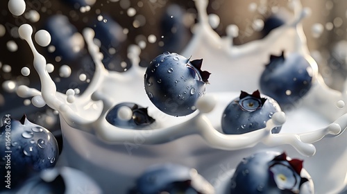 Multiple blueberries cascading into a splash of milk, creating a burst of white and blue, with the milk forming beautiful arcs and droplets. 32k, full ultra hd, high resolution -