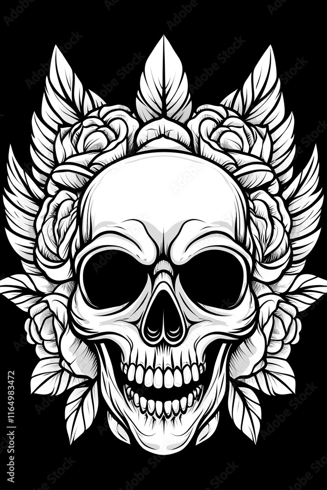 A skull with flowers and leaves surrounding it A skull with flowers and leaves surrounding it