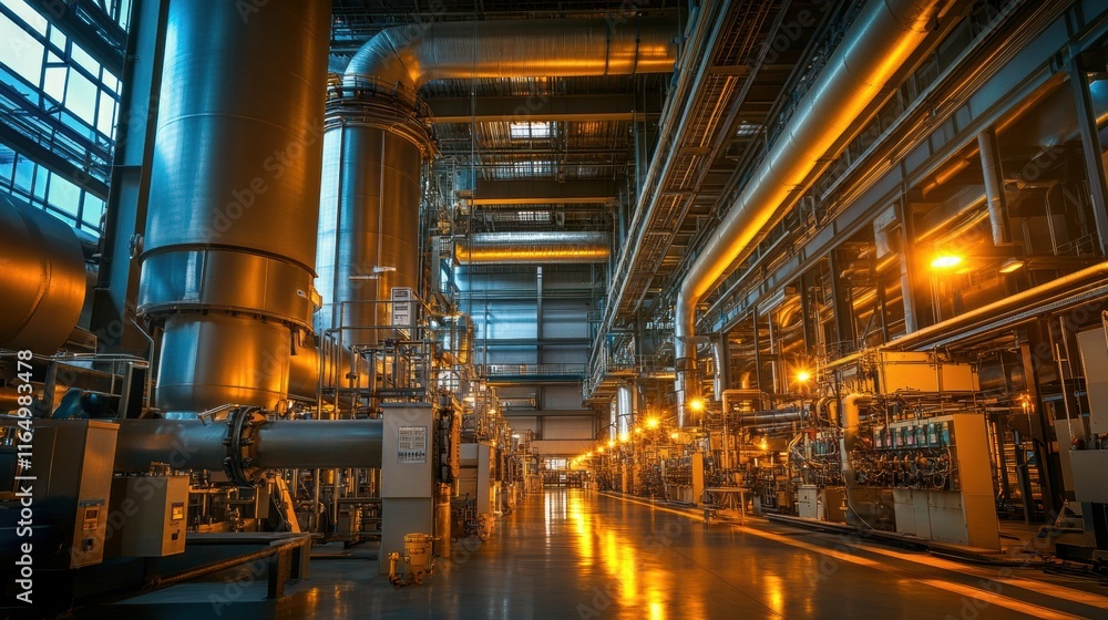 Fototapeta premium A power plant interior featuring towering pipes, control panels, and glowing industrial lights, styled with precision and order