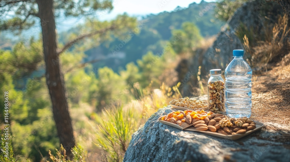 Obraz premium A scenic hiking trail with snacks displayed on a rock: nuts, dried fruit, and bottled water,