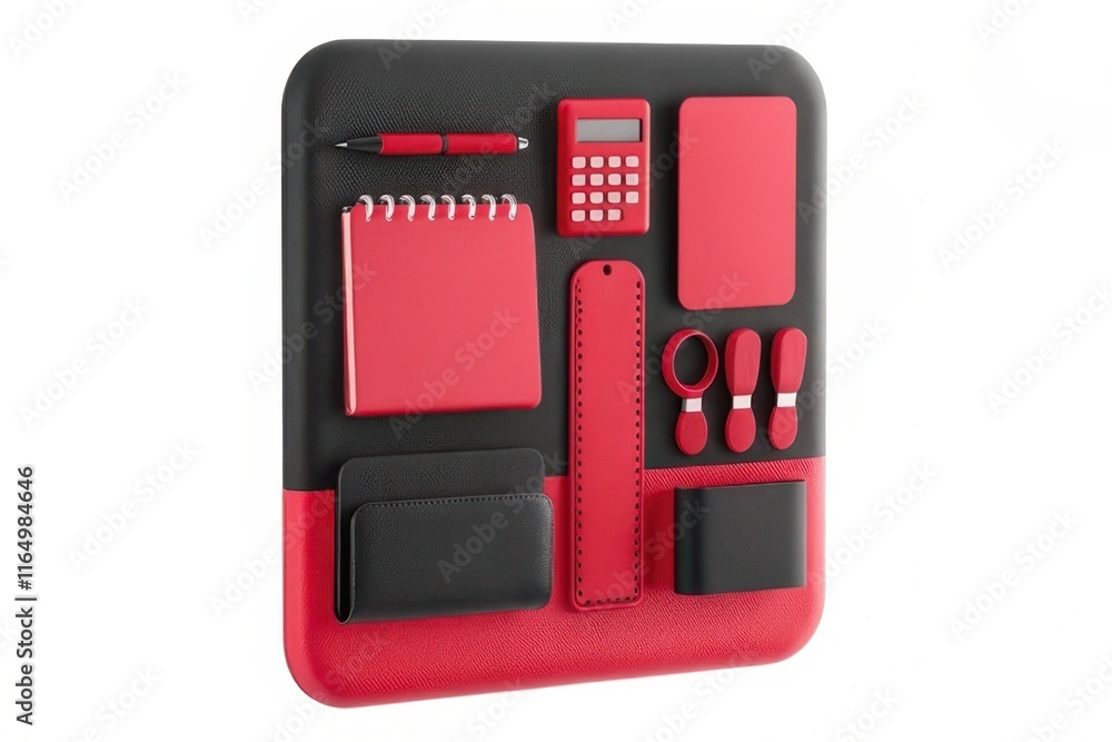 A sleek black and red desk organizer featuring a notebook, calculator, pen, and other office supplies for efficient workspace organization. A sleek black and red desk organizer featuring a notebook, calculator, pen, and other office supplies for efficient workspace organization.