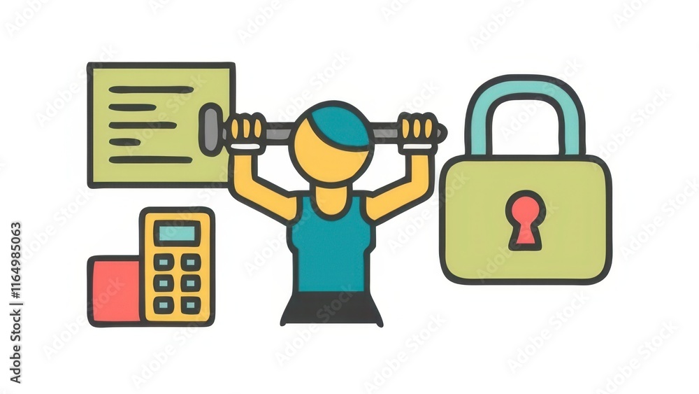 A graphic depicting a person lifting weights alongside a calculator and a padlock, symbolizing strength in finance and security. A graphic depicting a person lifting weights alongside a calculator and a padlock, symbolizing strength in finance and security.
