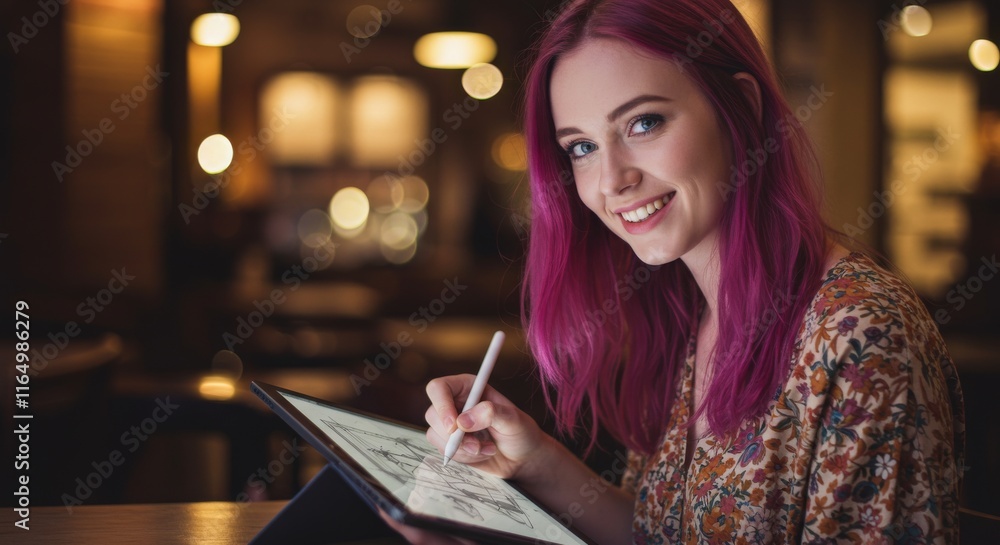 Artistic young woman illustrating on tablet in cozy cafe setting Artistic young woman illustrating on tablet in cozy cafe setting
