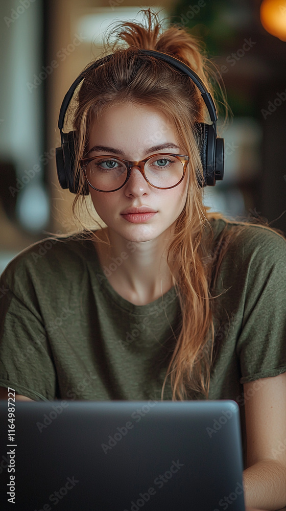 Young Woman with Headphones Using Laptop Studying Online Learning Technology Young Woman with Headphones Using Laptop Studying Online Learning Technology