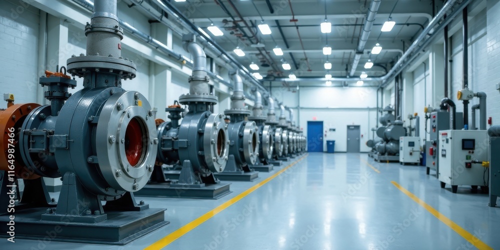 Industrial facility showcasing a row of large, powerful pumps and associated machinery Industrial facility showcasing a row of large, powerful pumps and associated machinery