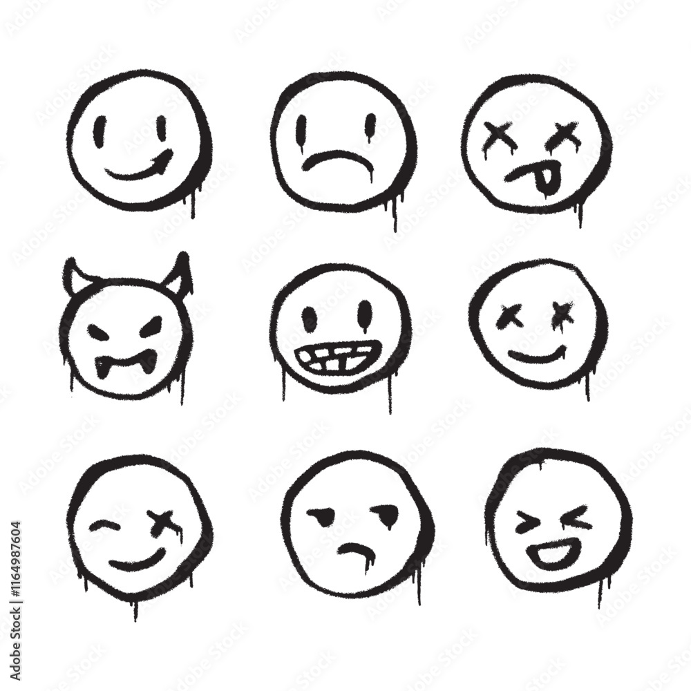 Emoticon smile sad angry set hand drawn spray painted illustration Emoticon smile sad angry set hand drawn spray painted illustration