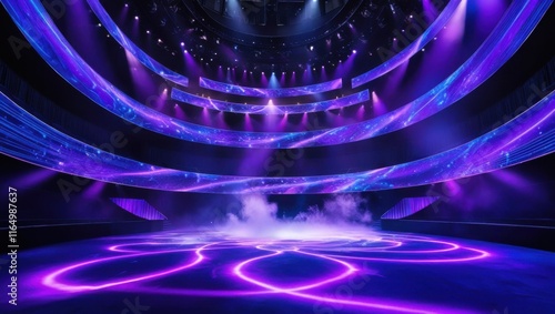 A stage illuminated with vibrant purple and blue lights, creating a dynamic and energetic atmosphere for the performance