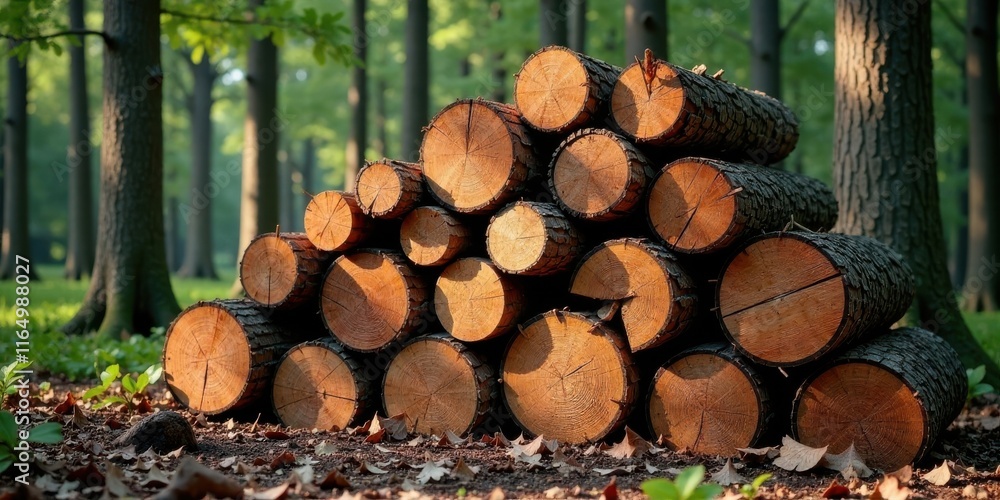 A neatly stacked pile of logs rests on the forest floor, bathed in sunlight. A neatly stacked pile of logs rests on the forest floor, bathed in sunlight.