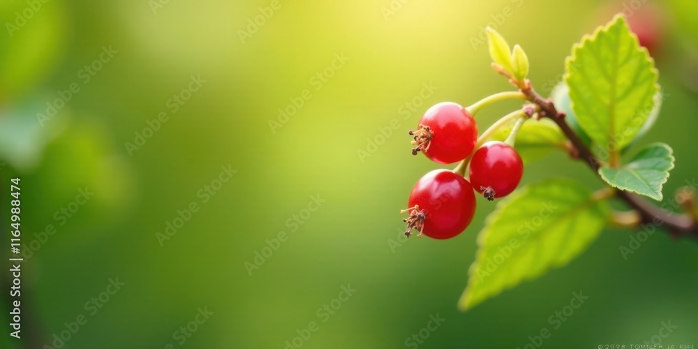 Obraz premium Close-up of ripe red berries on a branch with vibrant green foliage in sunlight