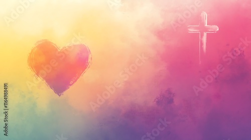 Painted Heart and Cross Celestial Background