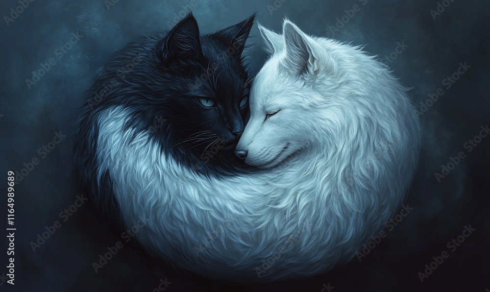 Yin and Yang black and white wolves embracing in a circle. Yin and Yang black and white wolves embracing in a circle.