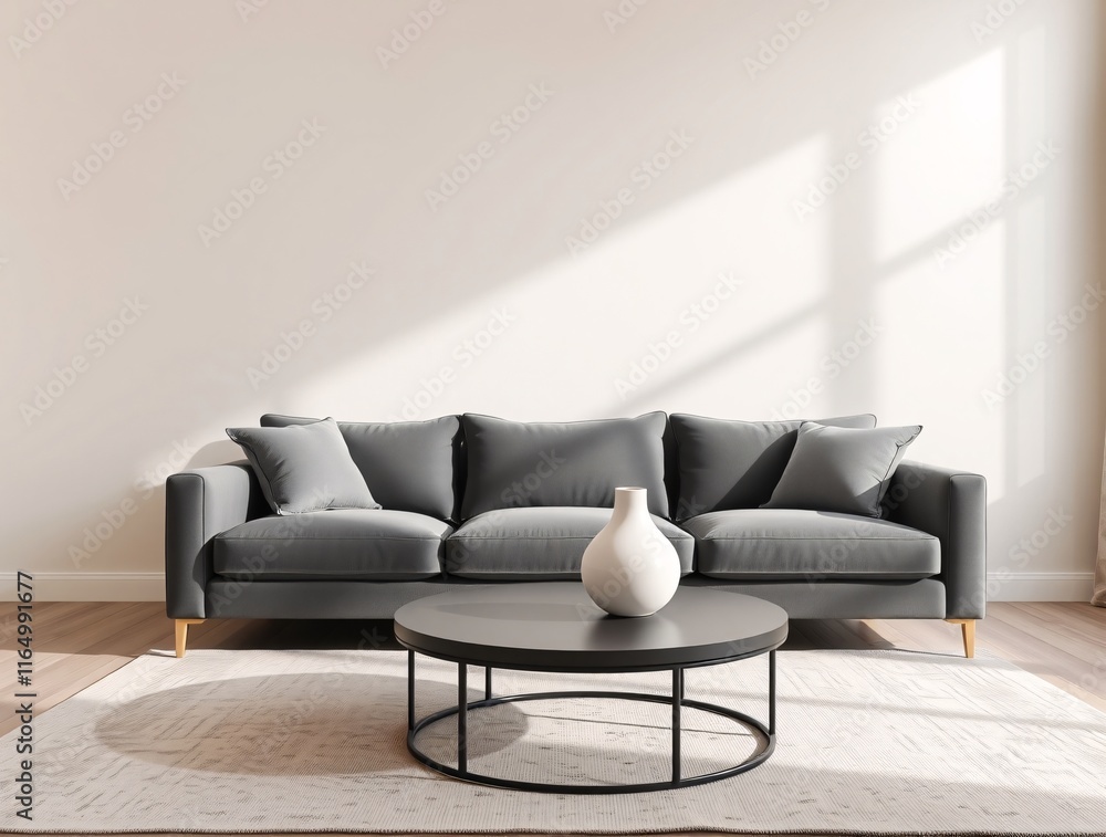 Calm composition features a sofa and round table decorated with small elegant vases, as well as soft shadows from the window against a neutral wall backdrop. Calm composition features a sofa and round table decorated with small elegant vases, as well as soft shadows from the window against a neutral wall backdrop.