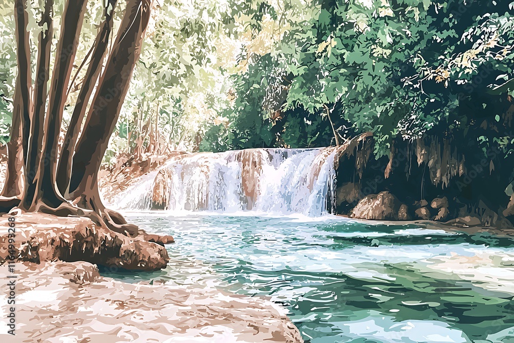 Naklejka premium Serene Waterfall in Lush Green Forest A Tranquil Nature Scene.