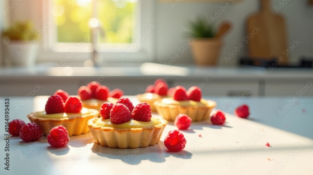 Delicious raspberry tarts bask in sunlight on a kitchen counter Delicious raspberry tarts bask in sunlight on a kitchen counter