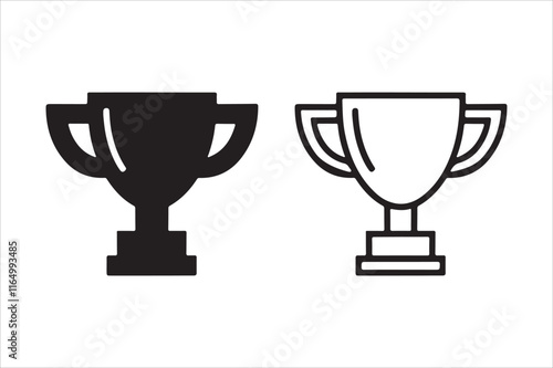 Vector Illustration of Two Trophy Icons in Solid and Outline Styles. This image showcases two trophy icons, one in solid black and the other in outline black.