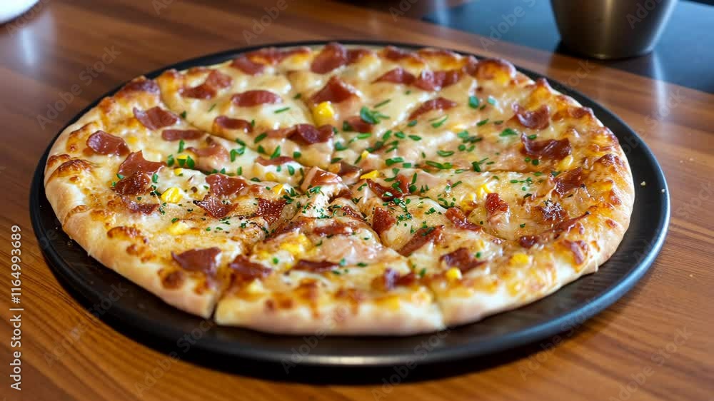Delicious pepperoni pizza served on a wooden table at a cozy restaurant with toppings and herbs Delicious pepperoni pizza served on a wooden table at a cozy restaurant with toppings and herbs