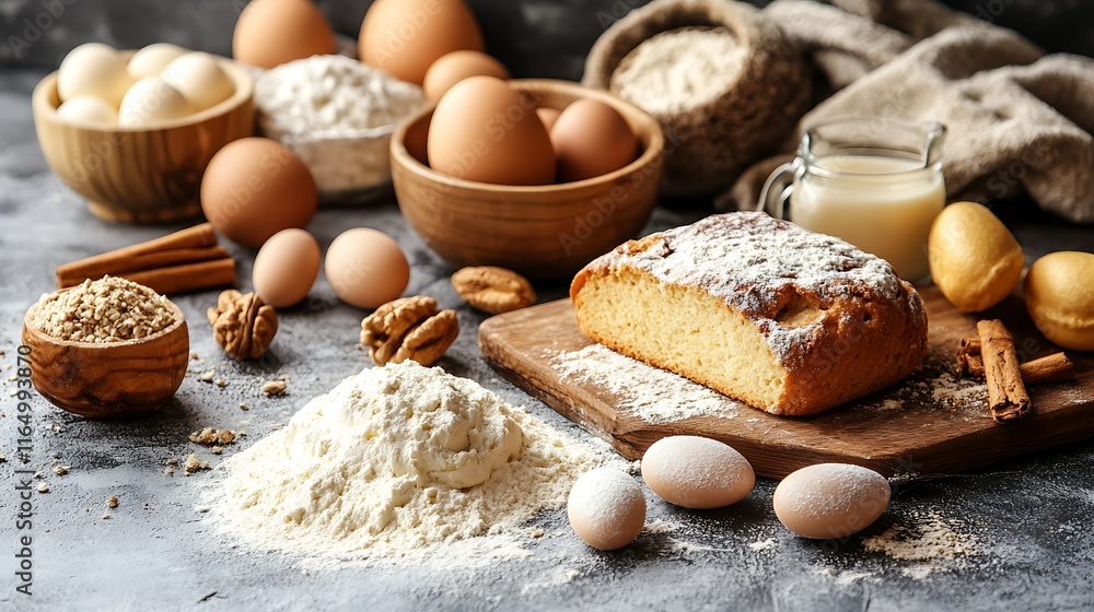 Freshly baked bread, eggs, flour, nuts, and cinnamon on a rustic table. Freshly baked bread, eggs, flour, nuts, and cinnamon on a rustic table.