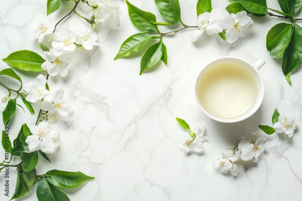 Aromatic jasmine tea in cup, flowers and leaves on white marble table, flat lay. Space for text Aromatic jasmine tea in cup, flowers and leaves on white marble table, flat lay. Space for text