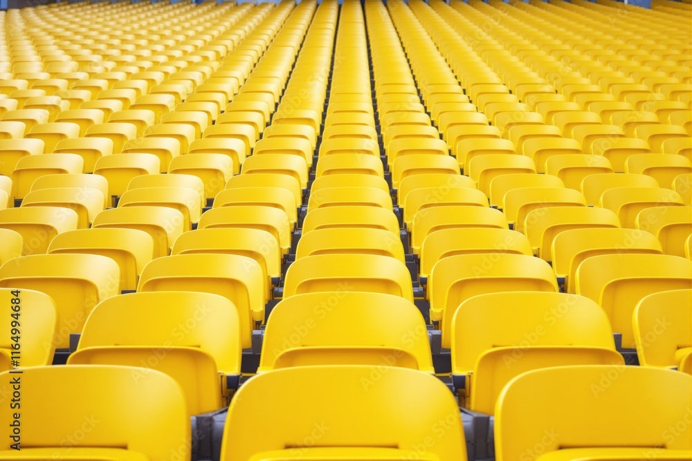 Fototapeta premium Rows of bright yellow stadium seats aligned symmetrically with a blurred background, forming repetitive patterns, symbolizing sports or events. Ai generative
