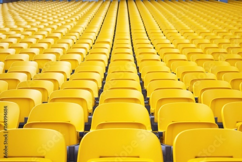 Rows of bright yellow stadium seats aligned symmetrically with a blurred background, forming repetitive patterns, symbolizing sports or events. Ai generative