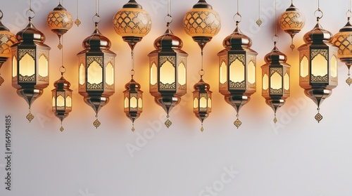 Festive and serene Ramadan decoration banner template featuring intricately designed, beautifully lit 3D lanterns in warm golden hues