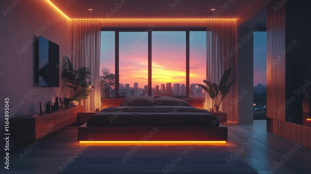 Fototapeta premium Cozy modern bedroom with sunset view and warm ambient lighting