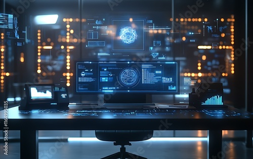 Futuristic tech workspace with glowing digital interfaces on a large monitor and other devices.