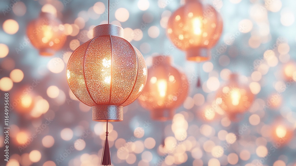Glowing lanterns illuminated in soft light, blurred background. Glowing lanterns illuminated in soft light, blurred background.
