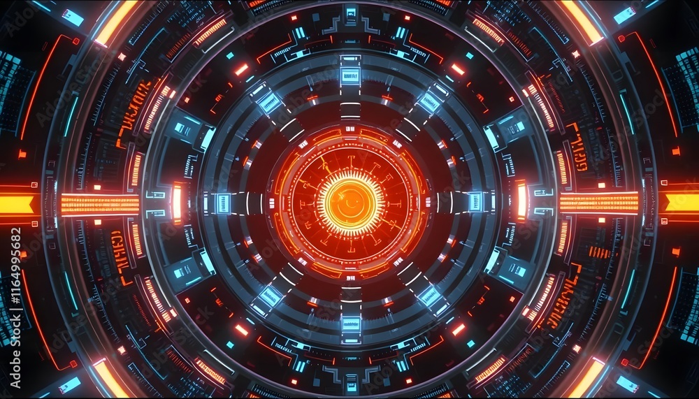 Obraz premium Cybernetic Core: Glowing Orange and Blue Circular Tech Art