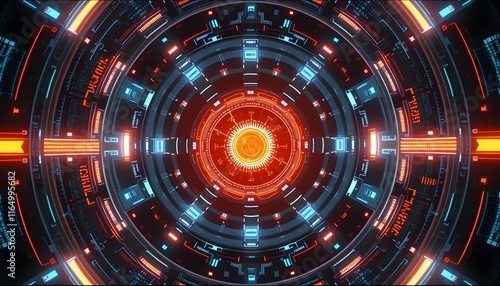 Wallpaper Mural Cybernetic Core: Glowing Orange and Blue Circular Tech Art Torontodigital.ca