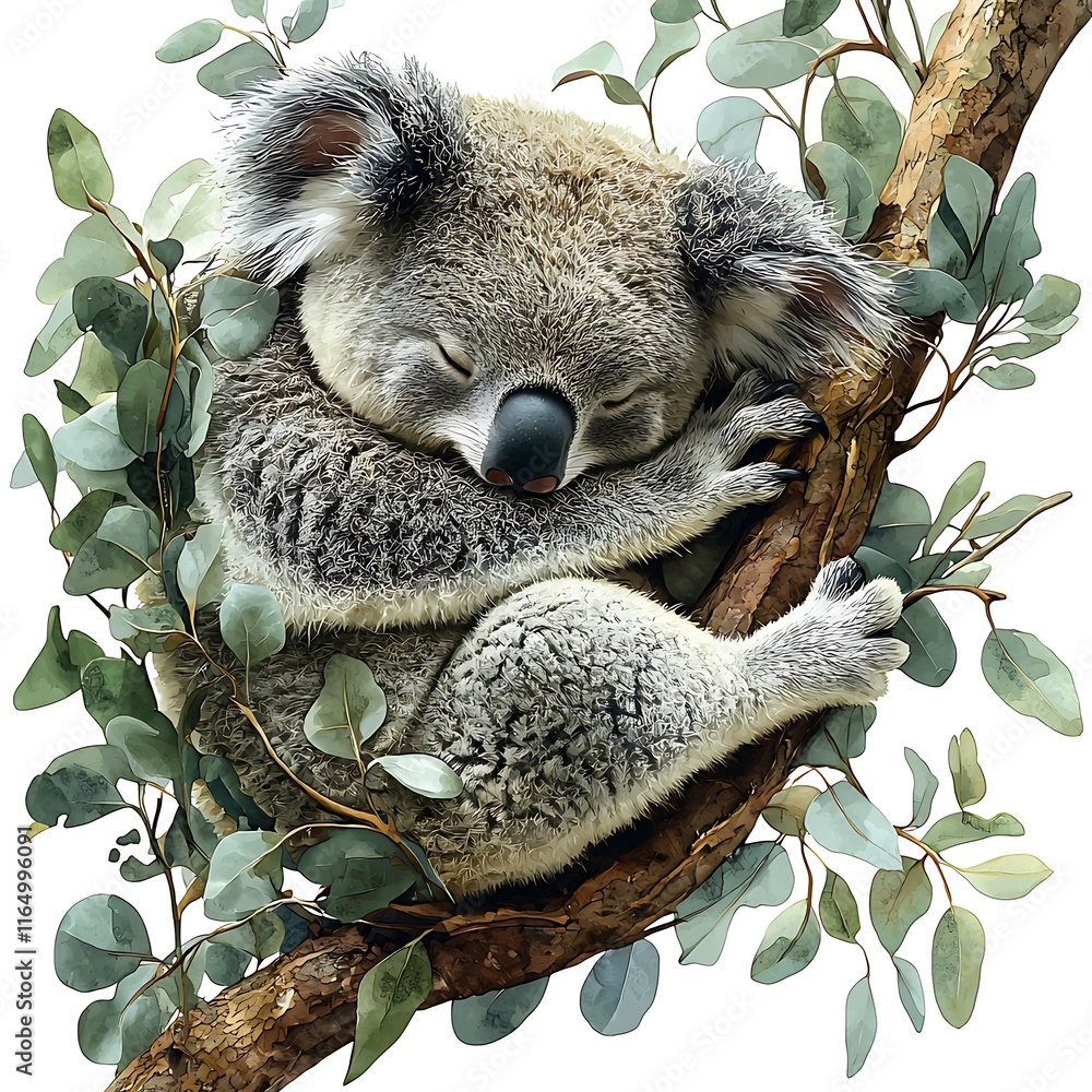 Obraz premium A Sleeping Koala Bear Cuddled on a Eucalyptus Branch.