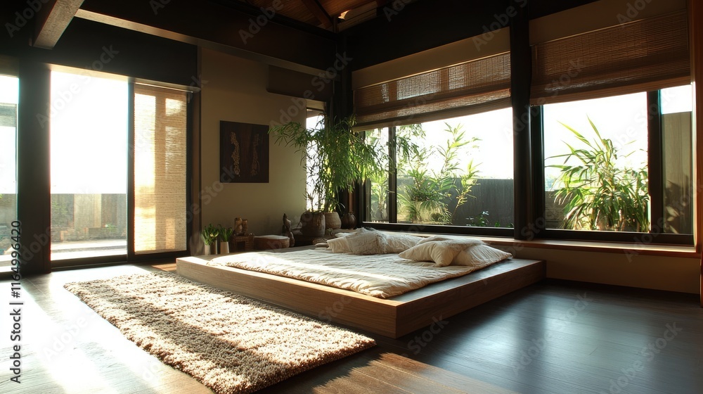 Fototapeta premium Modern Minimalist Bedroom with Natural Light and Cozy Atmosphere