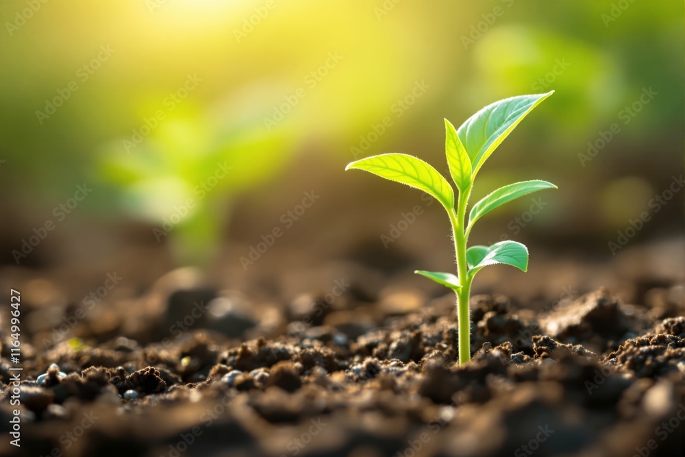 Fototapeta premium A young green plant sprouting from fertile soil in a natural setting with blurred background, symbolizing growth, nature, and sustainability. Ai generative