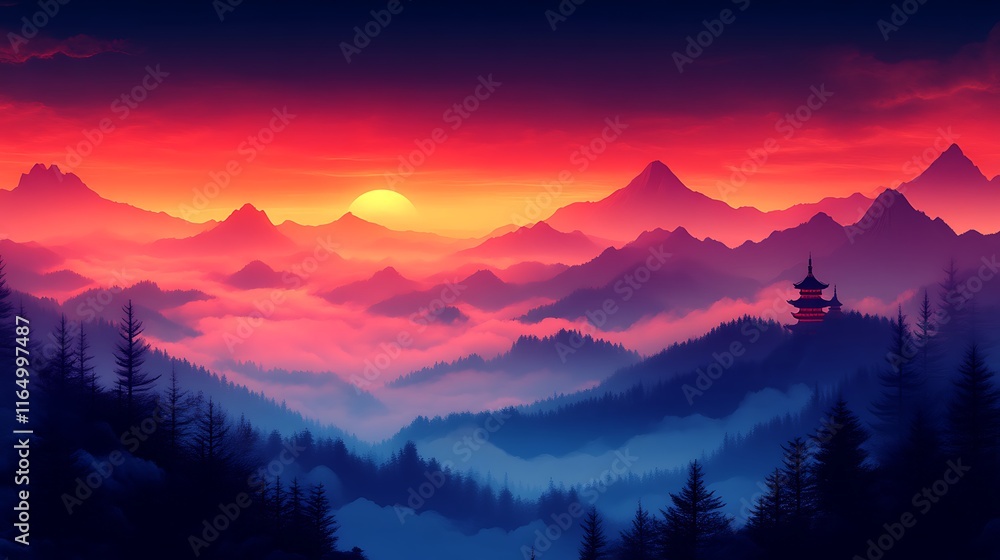 Fototapeta premium Serene Sunset Over Misty Mountain Range Temple View