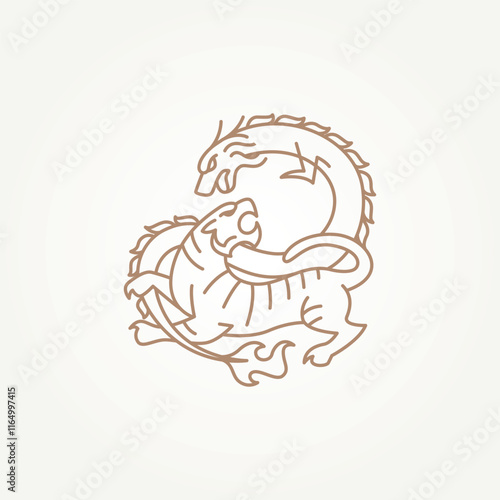 minimalist tiger and dragon fight line art icon logo vector illustration design. simple modern traditional japanese yin yang symbol