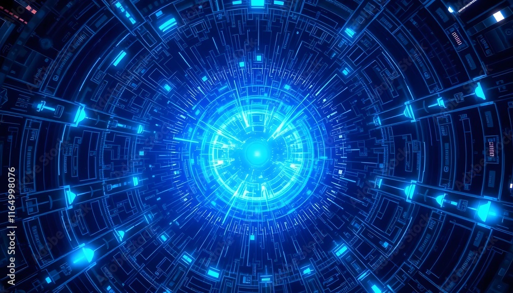 Fototapeta premium Cybernetic Blue Circle: Futuristic Tech Tunnel Artwork