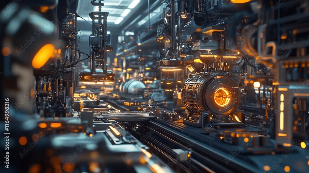 Industrial drone assembly line with intricate machinery and glowing tools Industrial drone assembly line with intricate machinery and glowing tools