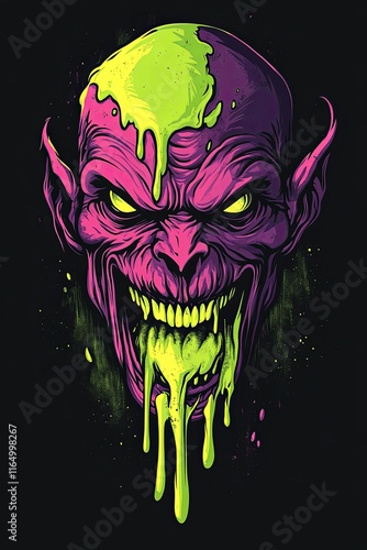 A terrifying illustration of a demonic head with dripping slime, rendered in vibrant neon pink and green hues against a black background. photo