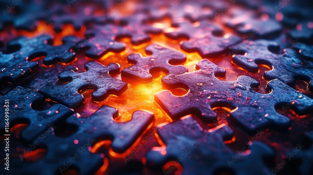Conceptual art piece of a jigsaw puzzle with missing glowing pieces Conceptual art piece of a jigsaw puzzle with missing glowing pieces