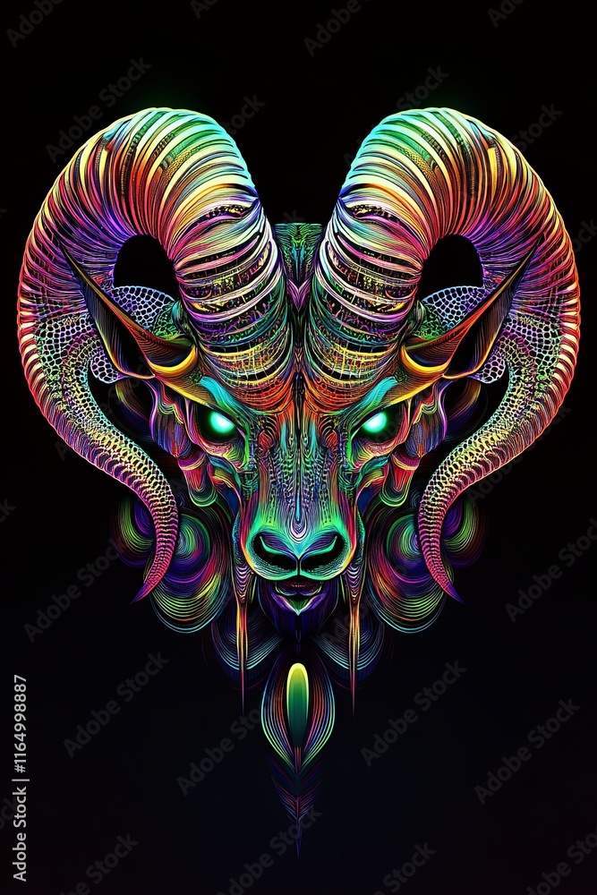 Naklejka premium A vibrant, colorful, stylized ram's head illustration with intricate details and glowing eyes against a black background.