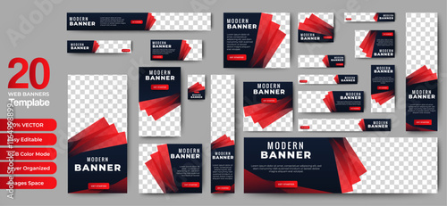 set of vector black and red web banners of standard sizes with a place for photos. Vertical and horizontal templates