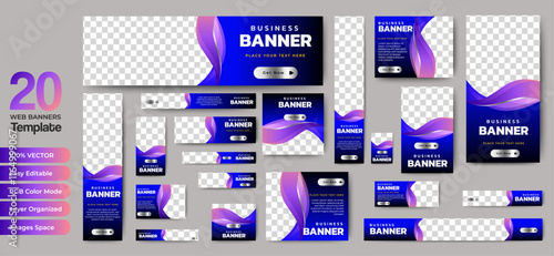 set of blue background for web ad banner template with text and image spaces. vector