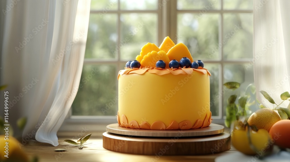 Fototapeta premium Yellow Cake with Mango and Blueberry Topping on a Wooden Table
