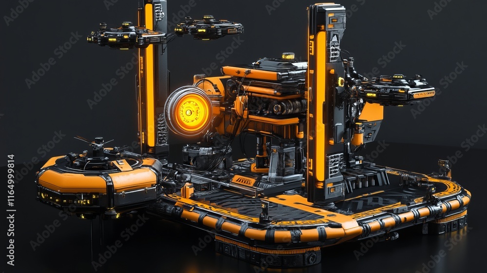 Fototapeta premium Advanced robotic repair station with glowing energy cores and automated maintenance drones