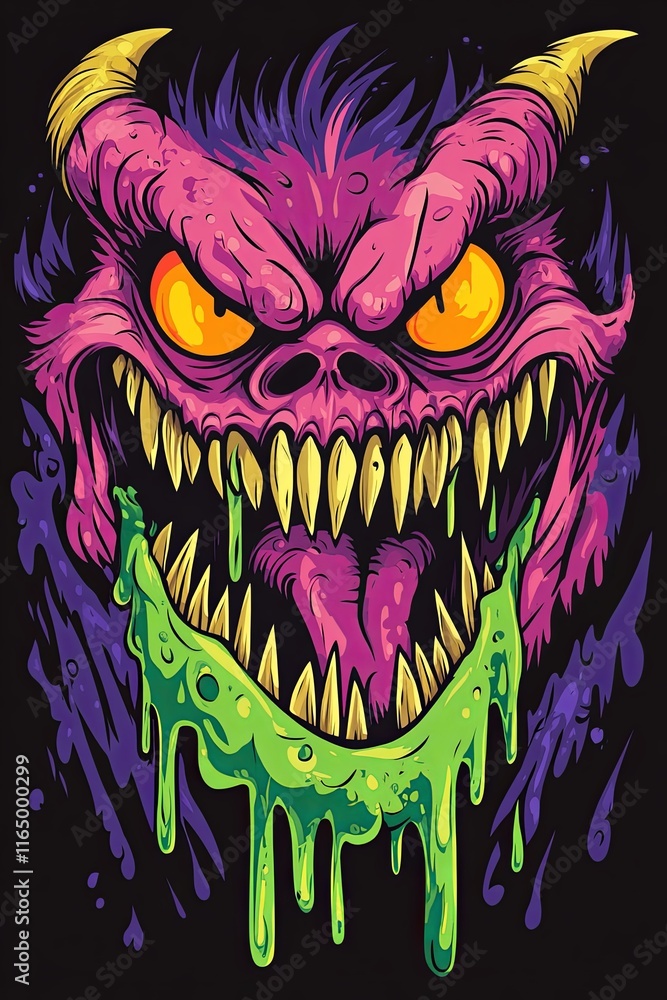A vibrant illustration of a monstrous creature with sharp teeth, horns, and glowing eyes, dripping green slime from its mouth. A vibrant illustration of a monstrous creature with sharp teeth, horns, and glowing eyes, dripping green slime from its mouth.