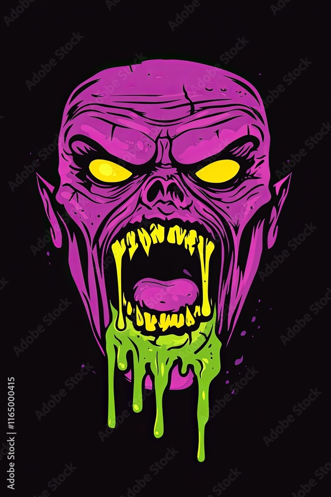 A vibrant illustration of a monstrous head with glowing eyes, sharp teeth, and dripping slime, set against a black background. A vibrant illustration of a monstrous head with glowing eyes, sharp teeth, and dripping slime, set against a black background.