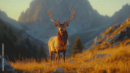 A majestic elk stands on grassy hills, antlers reaching toward the sky, its silhouette framed by towering mountains and sunlight.