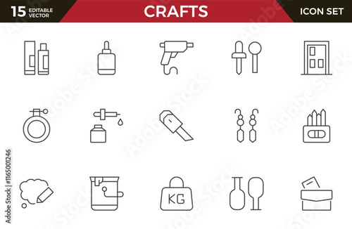 Set of Crafts outline icons related to carpentry. Pencil, pen, brush, bucket paint, palette knife, roller, palette, marker and more. Linear icon collection.