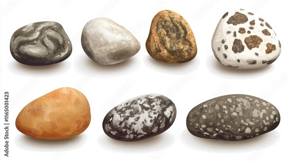 A collection of various textured stones on a white background. A collection of various textured stones on a white background.