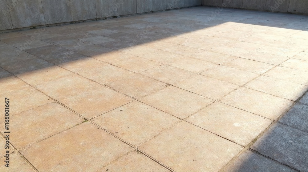 Sunlit Patio with Beige Square Tiles and Concrete Wall Sunlit Patio with Beige Square Tiles and Concrete Wall